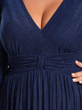 Long Sleeve Shimmery Pleat Gown in Navy