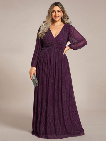 Long Sleeve Shimmery Pleat Gown in Orchid