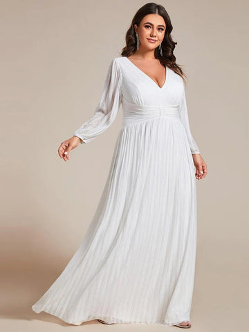 Long Sleeve Shimmery Pleat Gown in White