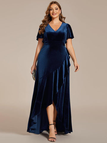 Velvet Ruffle Gown in Navy