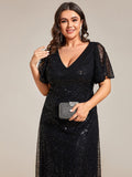 Sequin Formal V Neck Gown in Black