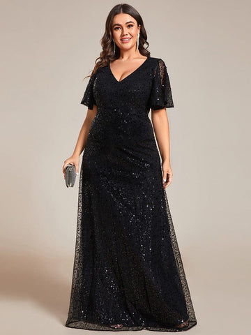 Sequin Formal V Neck Gown in Black