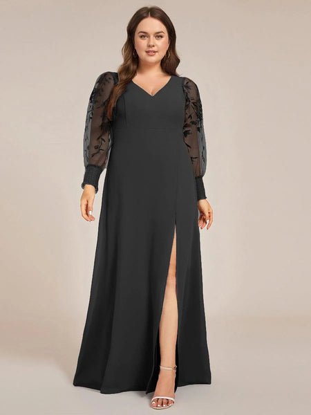 Embroidered Long Sleeve Chiffon Gown