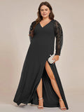 Embroidered Long Sleeve Chiffon Gown