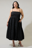 Embossed Floral Black Midi Dress