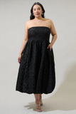 Embossed Floral Black Midi Dress