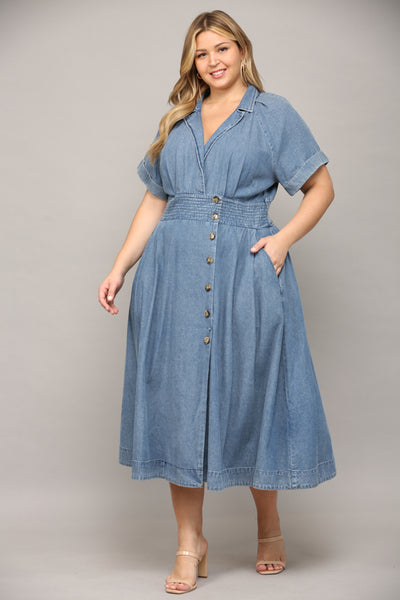 Collared Denim Midi Dress with Buttons