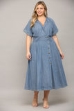 Collared Denim Midi Dress with Buttons