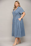 Collared Denim Midi Dress with Buttons