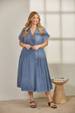 Collared Denim Midi Dress with Buttons