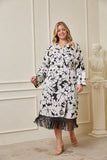 B&W Floral Fringe Hem Wrap Dress