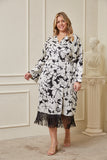 B&W Floral Fringe Hem Wrap Dress