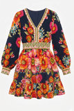 Border Print Navy Floral LS Dress