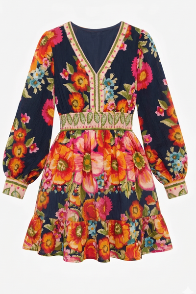 Border Print Navy Floral LS Dress