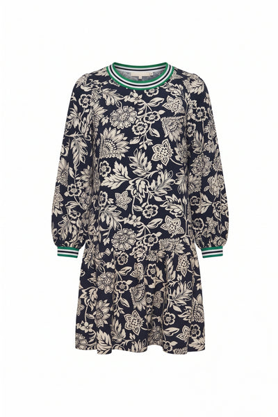 Navy Floral Contrast Stripe Trim Dress