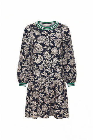 Navy Floral Contrast Stripe Trim Dress