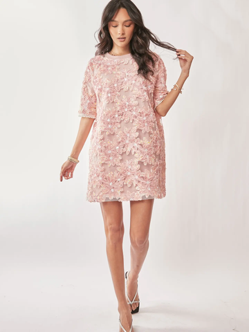 Pink Floral Applique Sequins & Pearl Dress