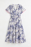 Scalloped Sleeve Blue Print Midi Dress
