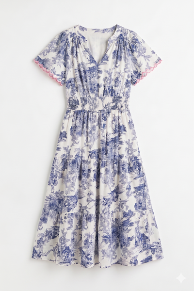 Scalloped Sleeve Blue Print Midi Dress