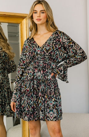 Satin Print V Neck Dress