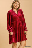 Velvet Tiered Dress with Buttons in Red