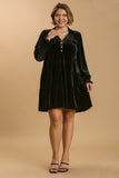 Velvet Tiered Dress with Buttons in Black