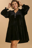 Velvet Tiered Dress with Buttons in Black