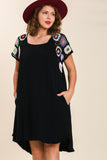Crochet Sleeve Linen Scoop Dress in Black