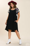 Crochet Sleeve Linen Scoop Dress in Black