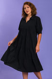 Half Sleeve Tiered Midi Dress in Black