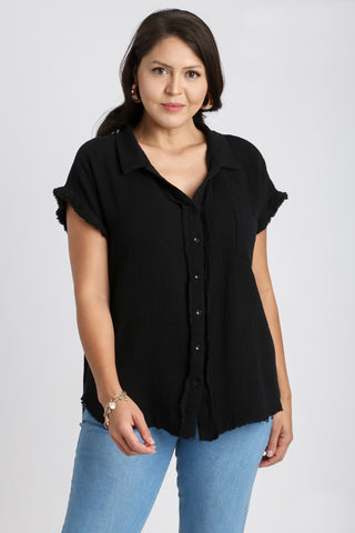 Cotton Frayed Button Up in Black