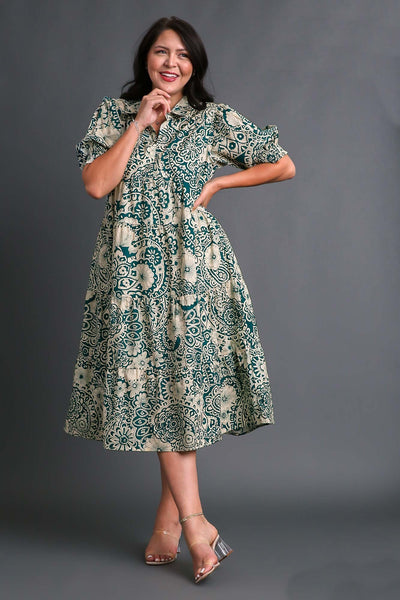 Cotton Printed Tiered Midi in Peacock