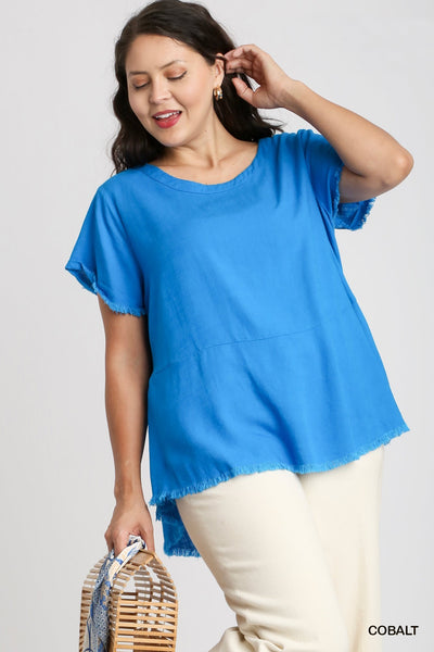 Linen Short Sleeve Scoop Top in Cobalt