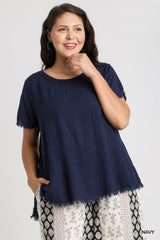 Linen Short Sleeve Scoop Top in Navy – Gussied Up