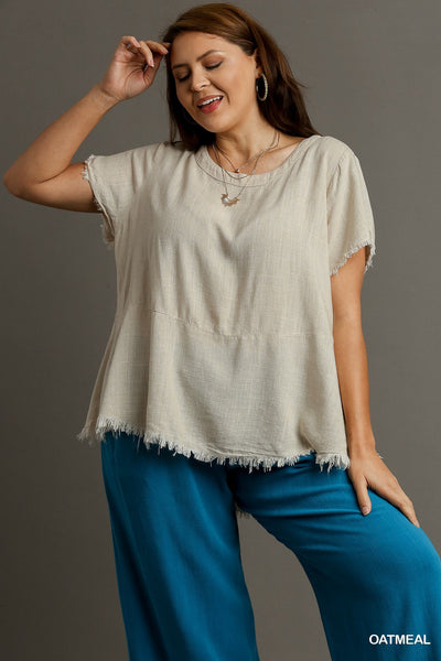 Linen Short Sleeve Scoop Top in Oat