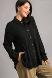 Linen Button Up Scoop Top in Black