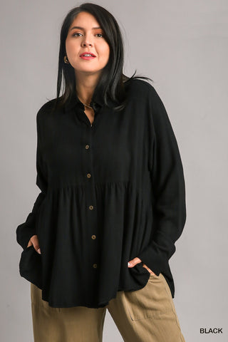 Linen Button Up Scoop Top in Black