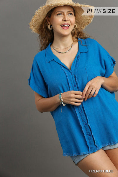 Linen Frayed Button Up in Blue