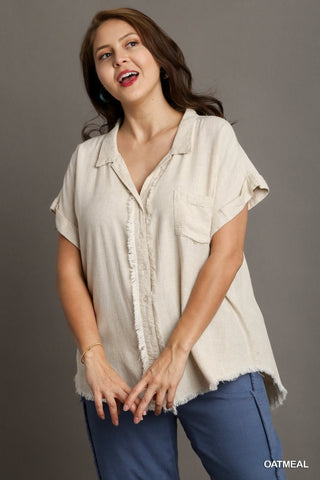 Linen Frayed Button Up in Oat