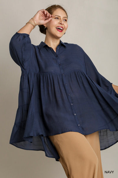 Light Tiered Button Up Top in Navy