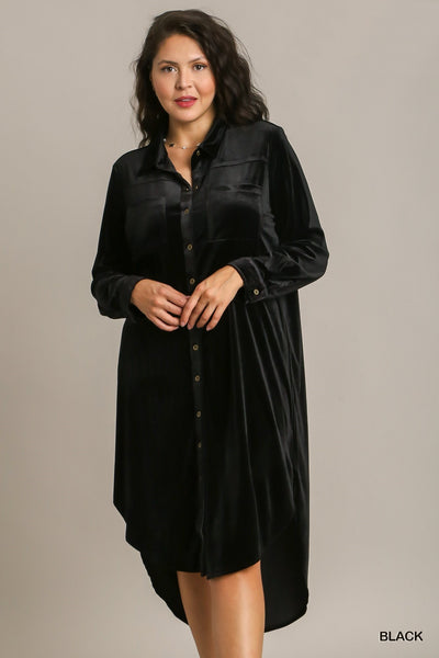 Velvet Midi Shirt Dress in Black