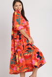 Satin Orange Abstract Print Midi Dress