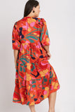 Satin Orange Abstract Print Midi Dress