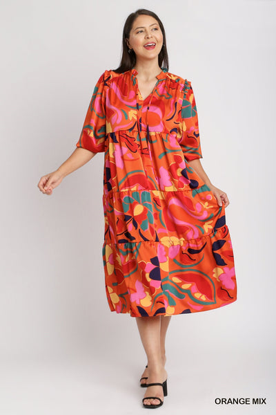 Satin Orange Abstract Print Midi Dress