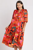 Satin Orange Abstract Print Midi Dress