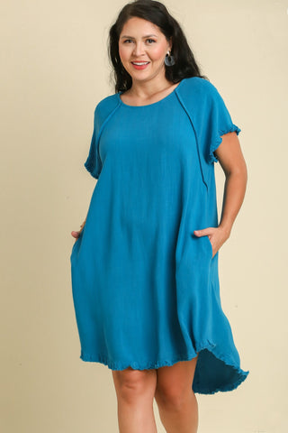 Linen Scoop Dress in Teal Blue