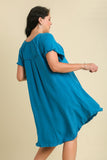 Linen Scoop Dress in Teal Blue