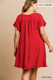 Linen Short Sleeve Ruffle Dress in Red