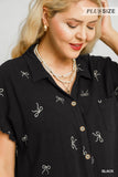 Linen Blend Bow Shirt Dress in Black