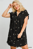 Linen Blend Bow Shirt Dress in Black